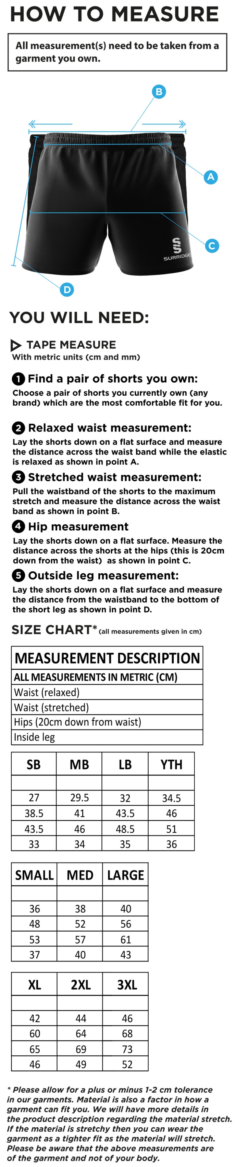 Juniors - Performance Gym Short - Navy - Size Guide
