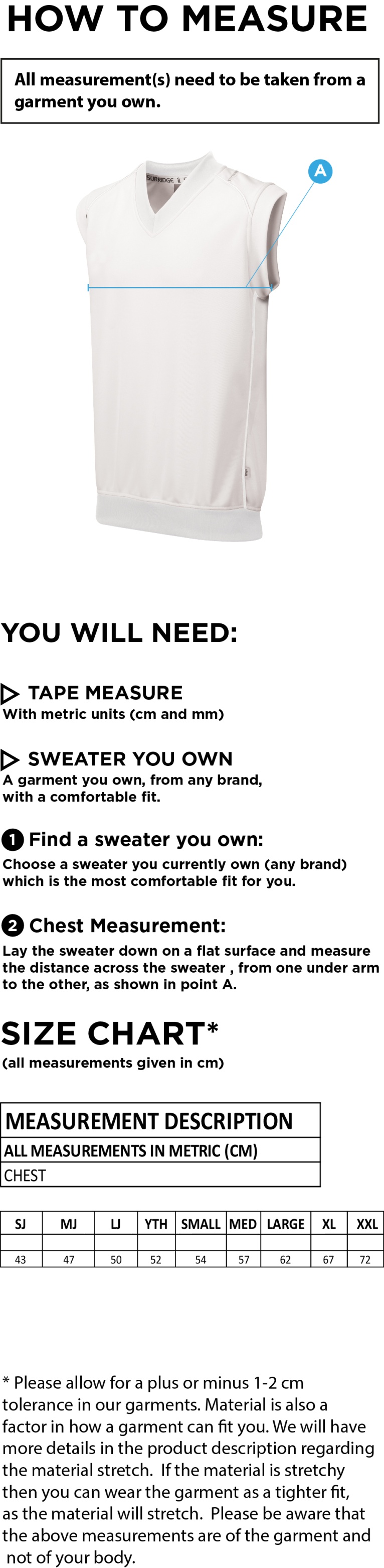 St Lawrence & Highland Court CC - Sleeveless Bespoke Sweater - Size Guide