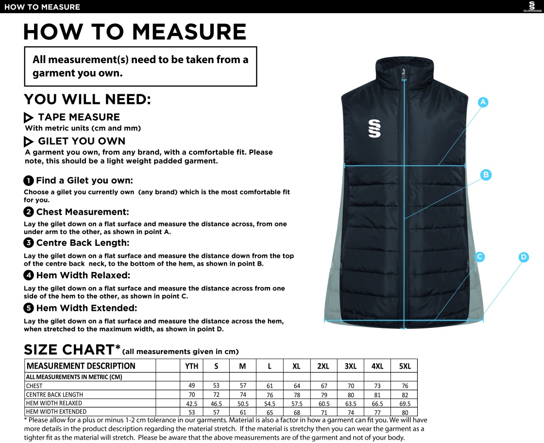 Active Gilet - Unisex Fit - Size Guide