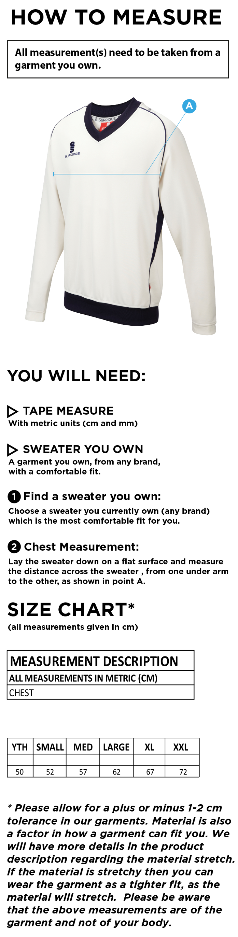 St Lawrence & Highland Court CC - Long Sleeve Bespoke Sweater - Size Guide