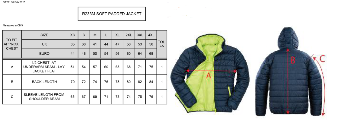 Women's - Supersoft Padded Jacket - Unisex Fit - Size Guide