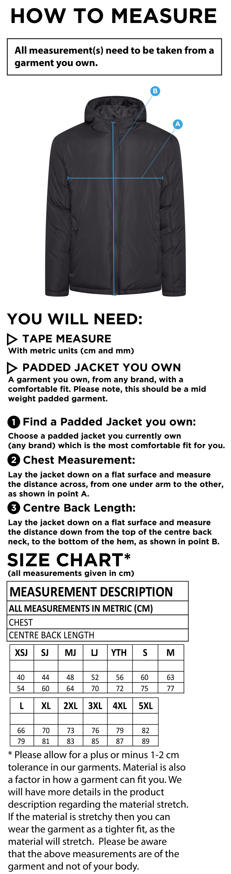 Active Padded Jacket - Unisex Fit - Size Guide
