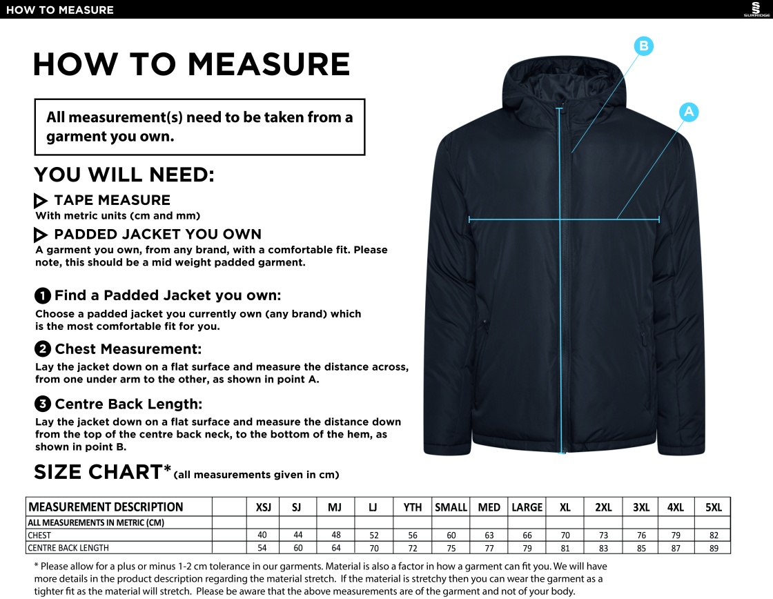 Active Padded Jacket - Unisex Fit - Size Guide