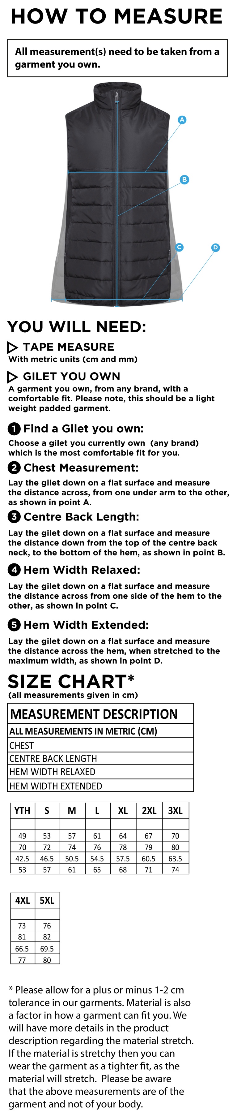 Active Gilet - Unisex Fit - Size Guide