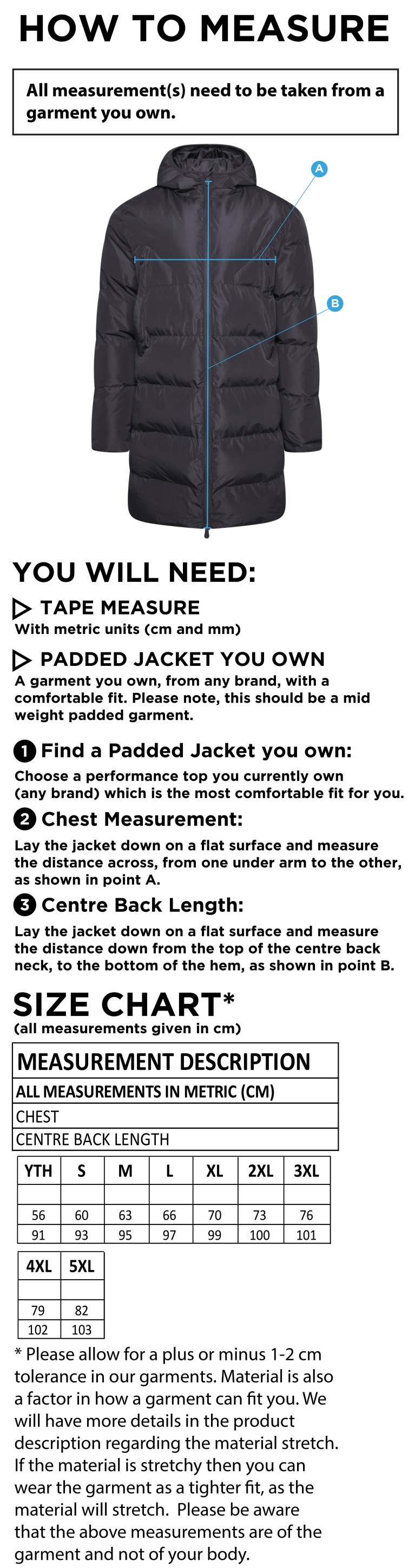 Active Long Padded Jacket - Unisex Fit - Size Guide