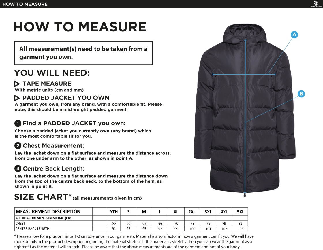 Active Long Padded Jacket - Unisex Fit - Size Guide