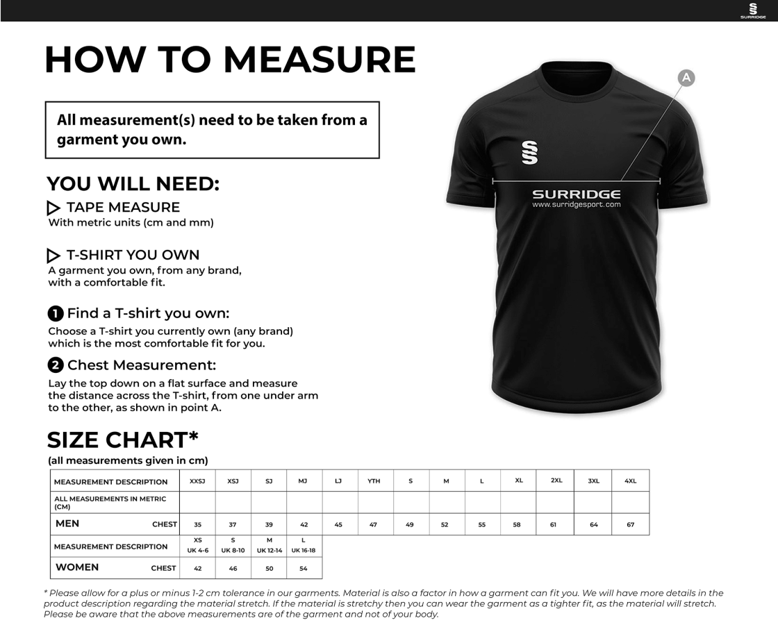 St Lawrence & Highland Court CC - Short Sleeve Bespoke Shirt - Size Guide