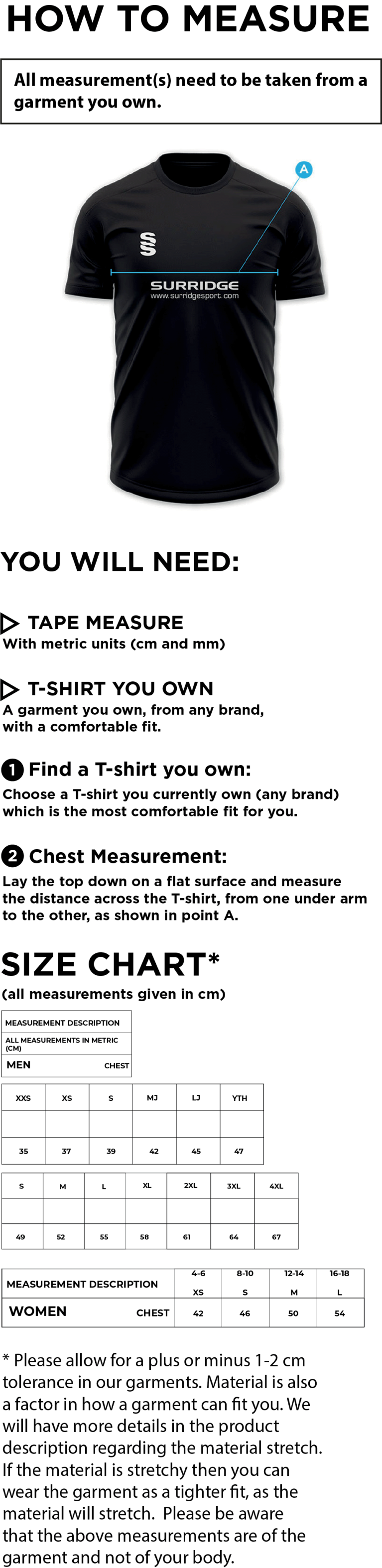 St Lawrence & Highland Court CC - Short Sleeve Bespoke Shirt - Size Guide