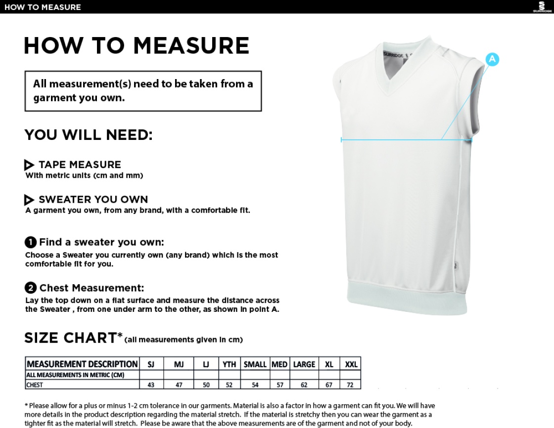 St Lawrence & Highland Court CC - Sleeveless Bespoke Sweater - Size Guide