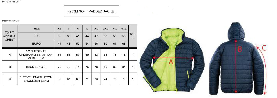 Women's - Supersoft Padded Jacket - Unisex Fit - Size Guide